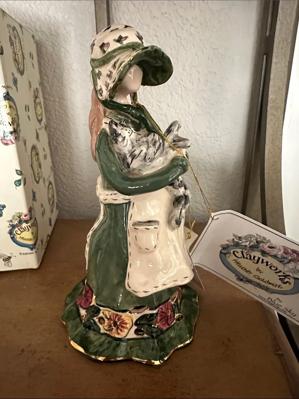 Blue Sky Green & Cream Girl Figurine Holding Cats